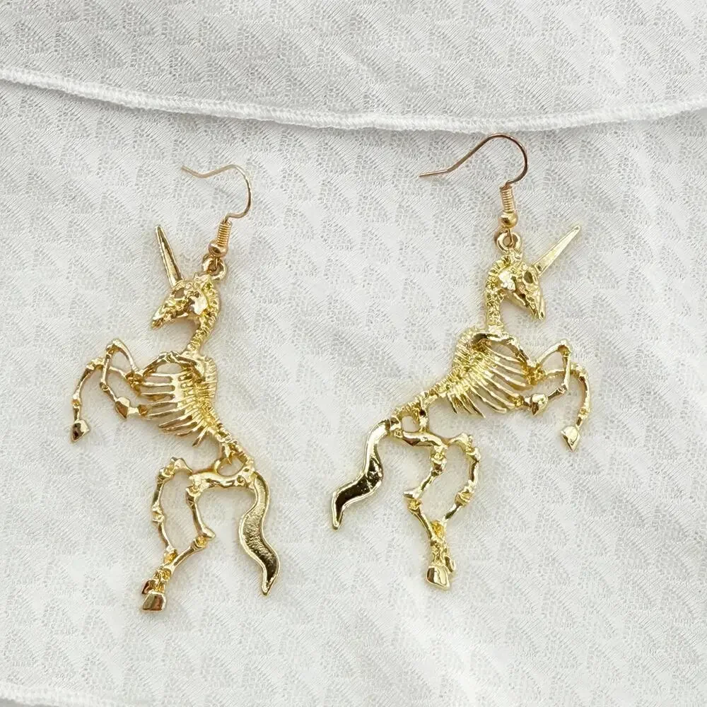 Gold Unicorn Skeleton Earrings, Magical Pony Jewelry, Gothic Jewelry